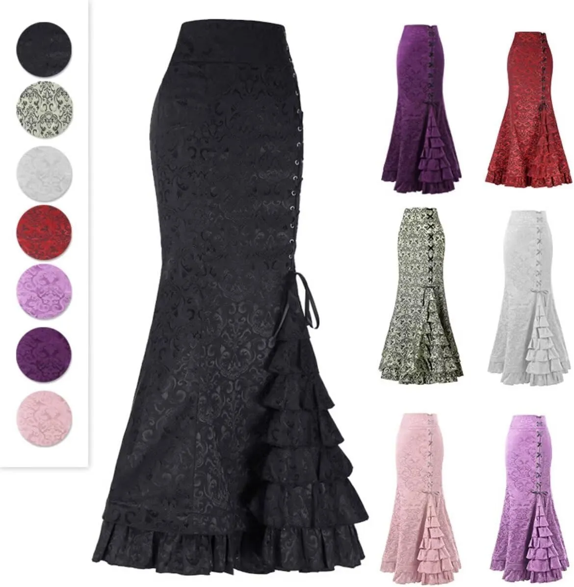 Women's Victorian Skirts Vintage High Waist Steampunk Long Fishtail Tiered Ruffle Mermaid Maxi Pencil Dress