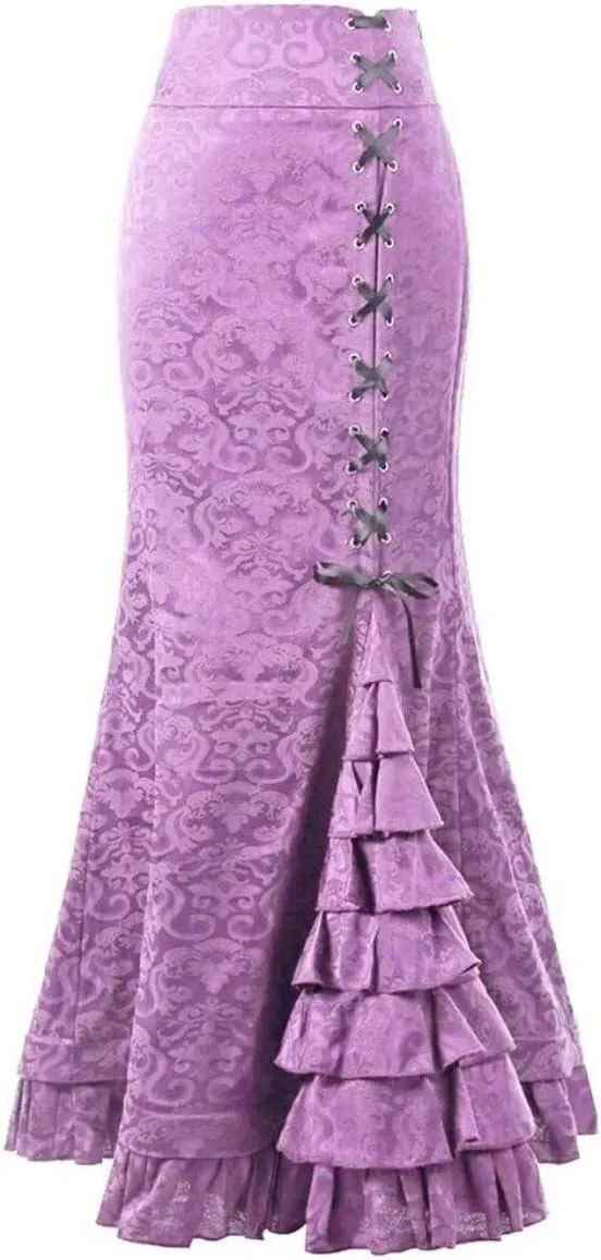 Women's Victorian Skirts Vintage High Waist Steampunk Long Fishtail Tiered Ruffle Mermaid Maxi Pencil Dress