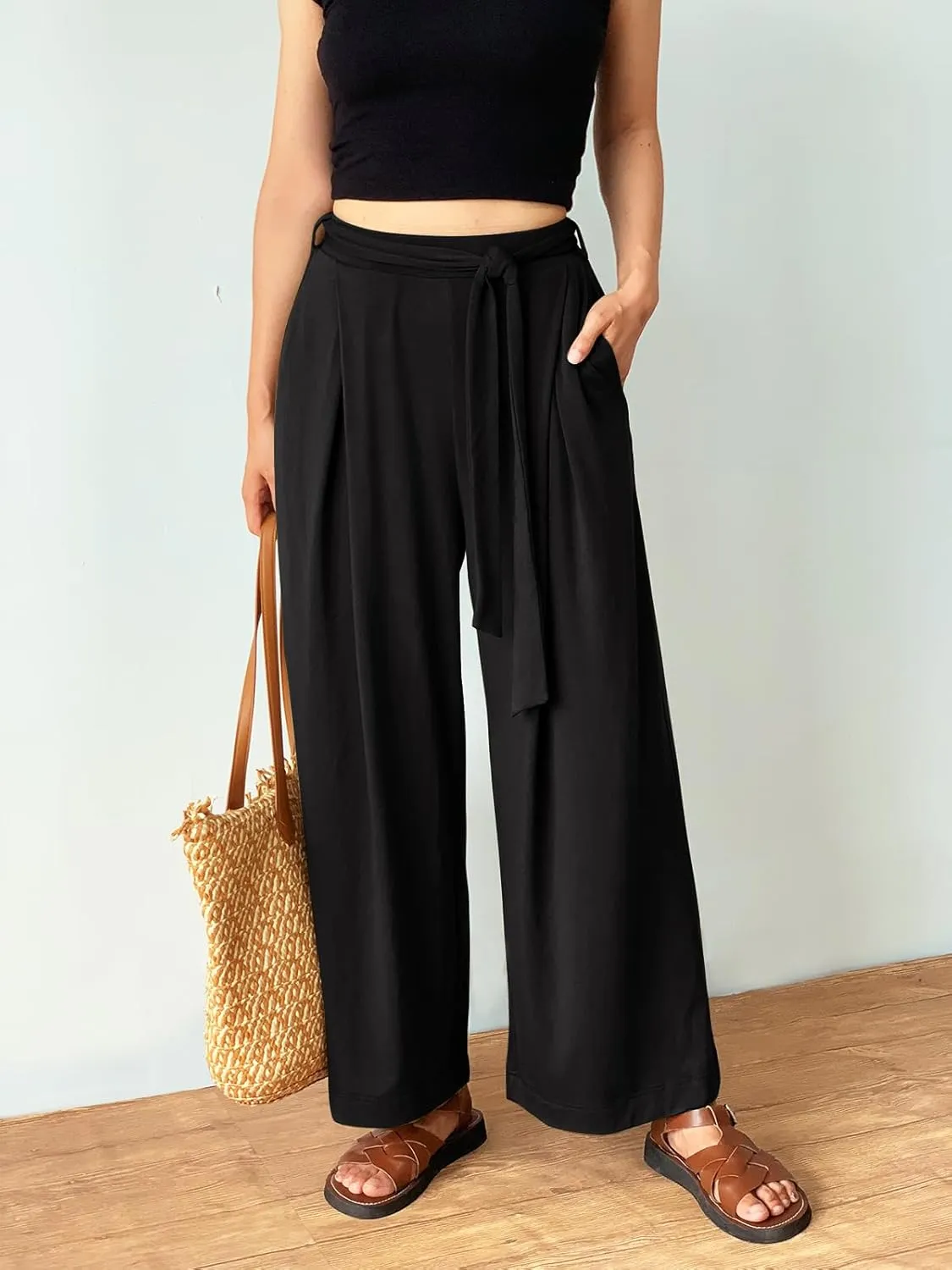 Women's Wide Leg Pants High Waisted Adjustable Tie Knot Yoga Sweatpants Comfy Lounge Pajama Flowy Pants Pockets