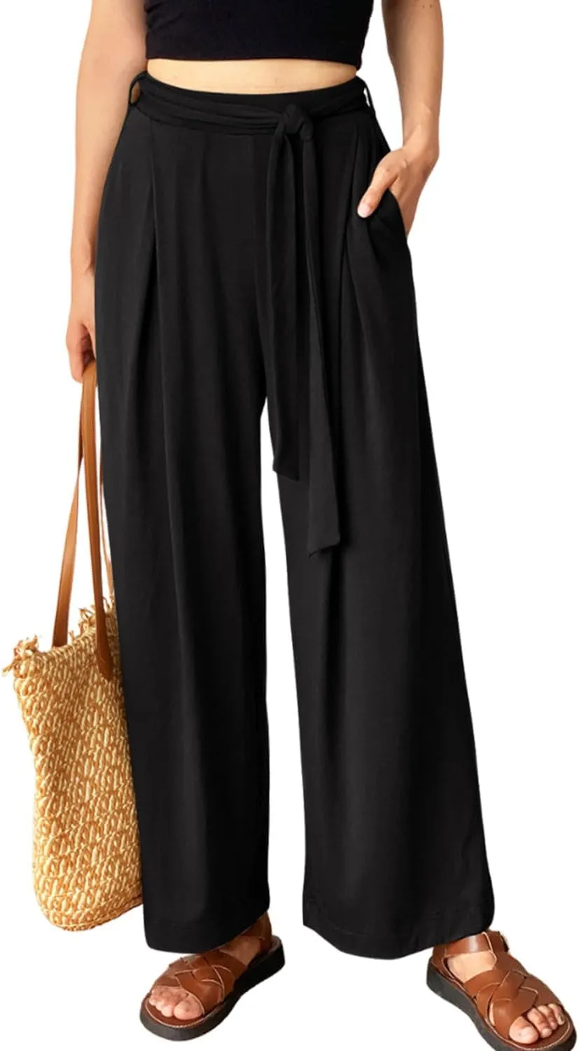 Women's Wide Leg Pants High Waisted Adjustable Tie Knot Yoga Sweatpants Comfy Lounge Pajama Flowy Pants Pockets