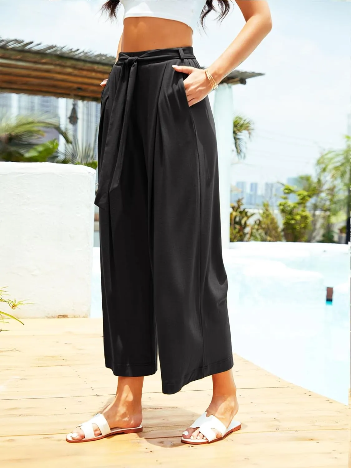 Women's Wide Leg Pants High Waisted Adjustable Tie Knot Yoga Sweatpants Comfy Lounge Pajama Flowy Pants Pockets
