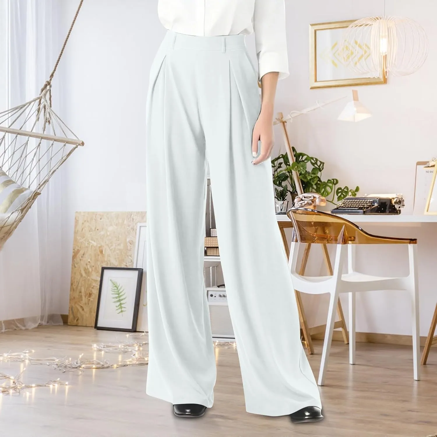 Women's Wide Legged Pants Pleated High Waisted with Pockets Flowy Trousers Business Casual Bottoms Trendy