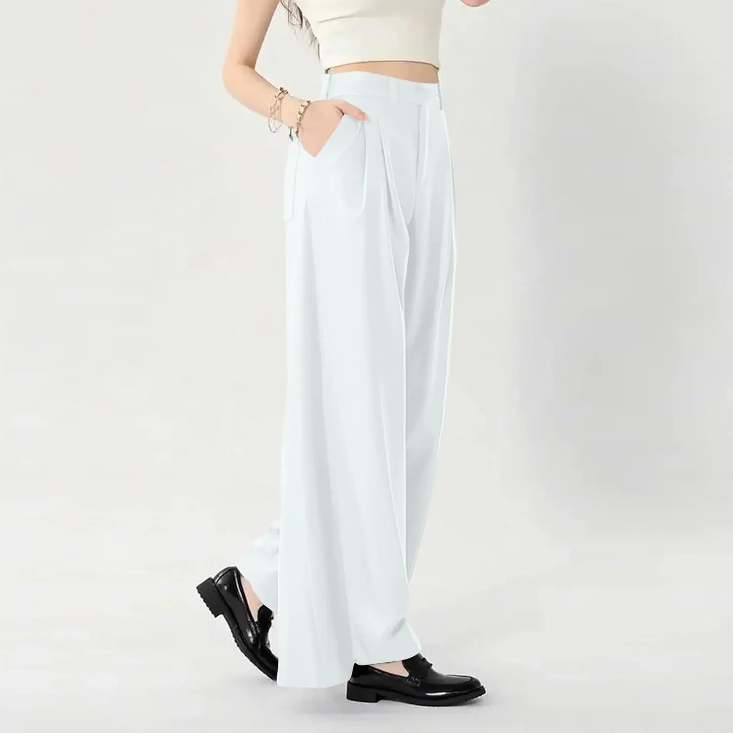 Women's Wide Legged Pants Pleated High Waisted with Pockets Flowy Trousers Business Casual Bottoms Trendy
