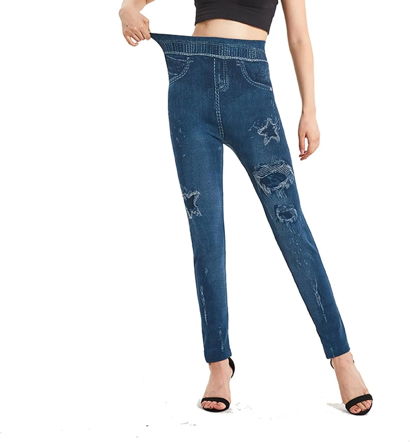 Women's Yoga Pants 2025 Fake Denim High Waisted Skinny Destroyed Ripped Hole Print Pants Full Length Stretchy Pants