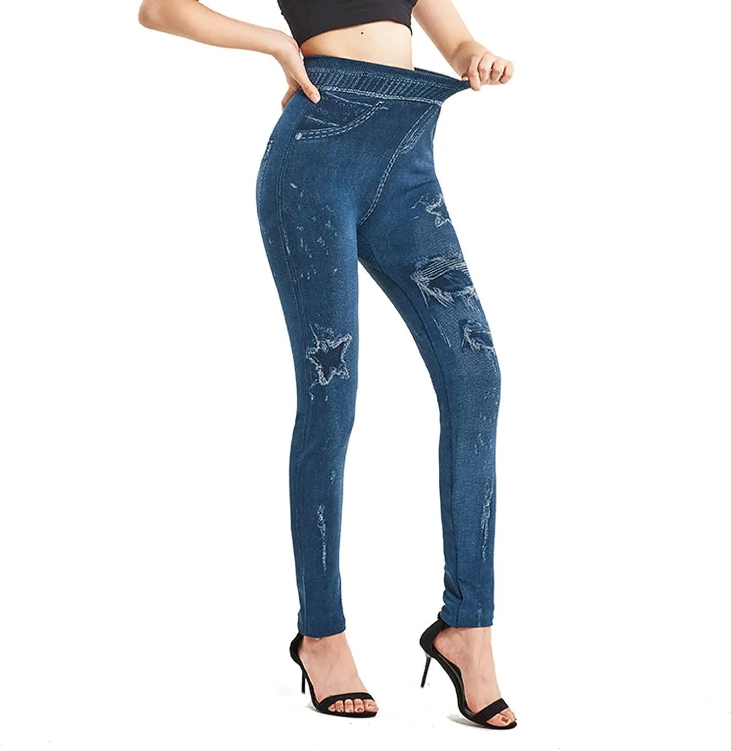 Women's Yoga Pants 2025 Fake Denim High Waisted Skinny Destroyed Ripped Hole Print Pants Full Length Stretchy Pants