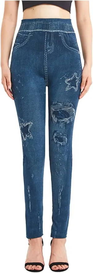 Women's Yoga Pants 2025 Fake Denim High Waisted Skinny Destroyed Ripped Hole Print Pants Full Length Stretchy Pants