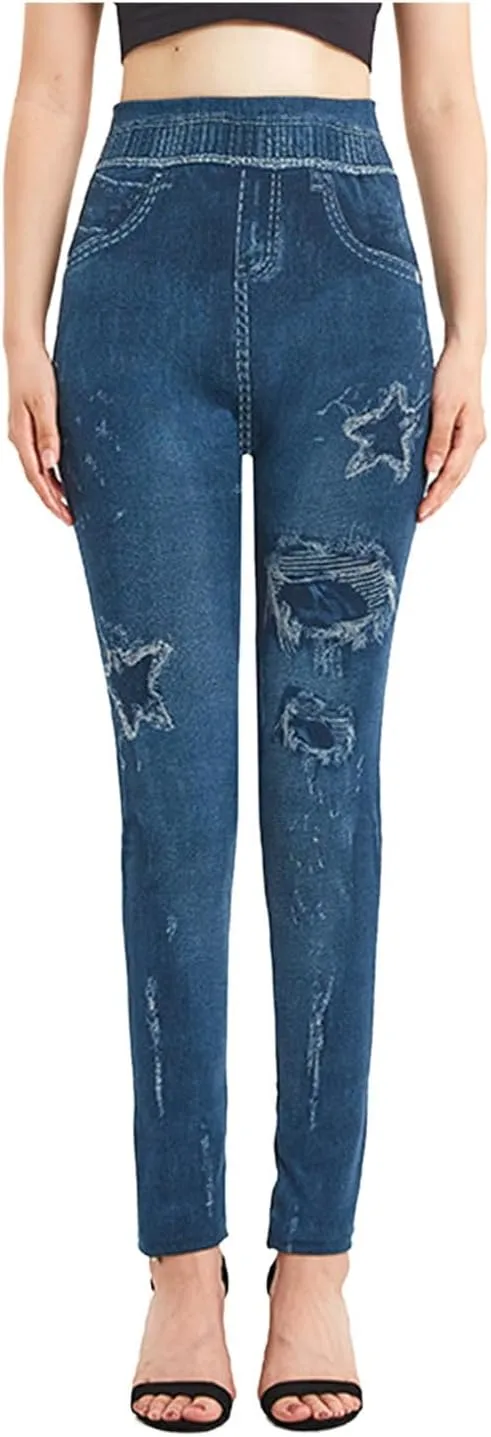 Women's Yoga Pants 2025 Fake Denim High Waisted Skinny Destroyed Ripped Hole Print Pants Full Length Stretchy Pants