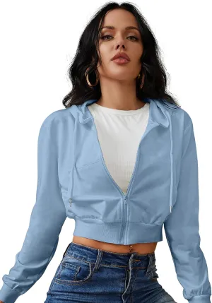 Women's Zip Up Hoodies Cropped Cardigan Jacket Drawstring Hooded Sweatshirts Casual Long Sleeve Top
