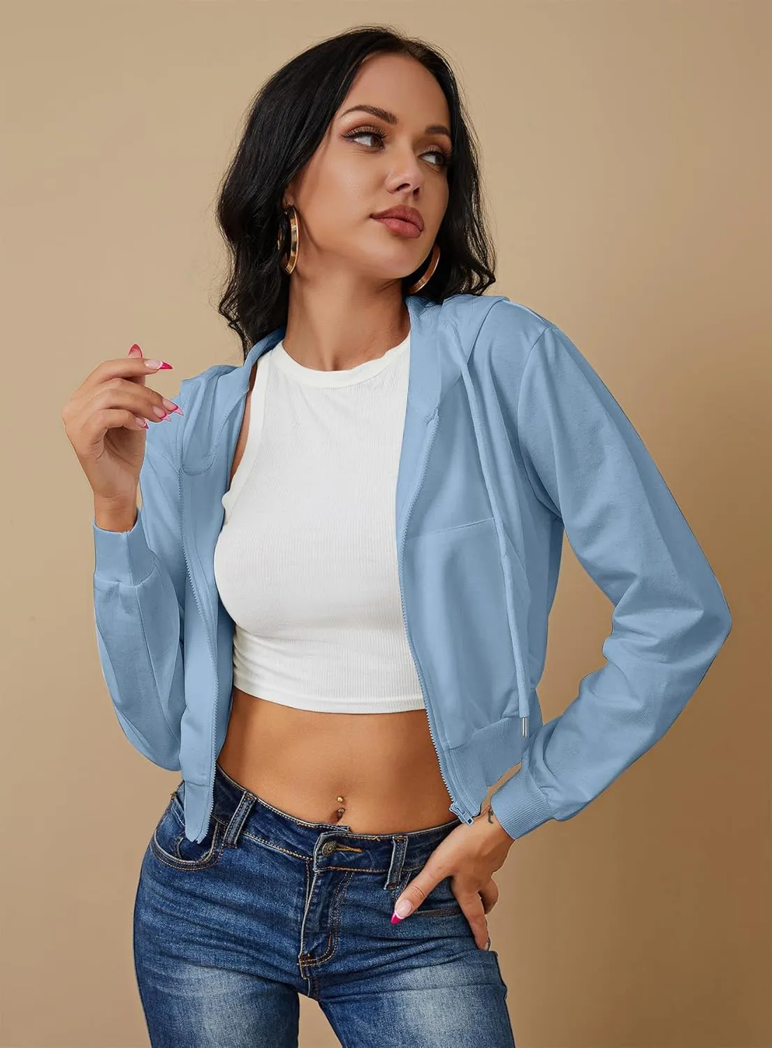 Women's Zip Up Hoodies Cropped Cardigan Jacket Drawstring Hooded Sweatshirts Casual Long Sleeve Top