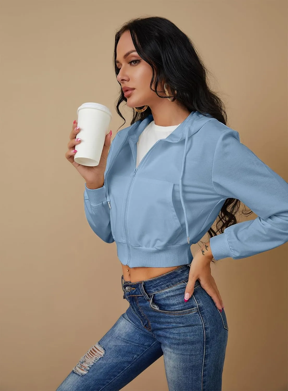Women's Zip Up Hoodies Cropped Cardigan Jacket Drawstring Hooded Sweatshirts Casual Long Sleeve Top