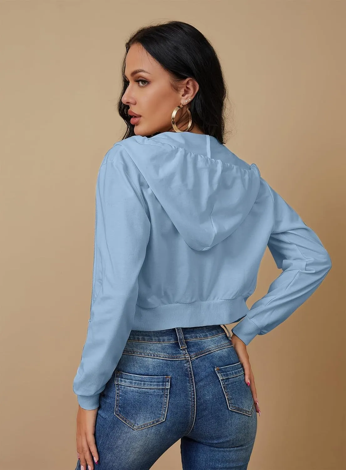 Women's Zip Up Hoodies Cropped Cardigan Jacket Drawstring Hooded Sweatshirts Casual Long Sleeve Top