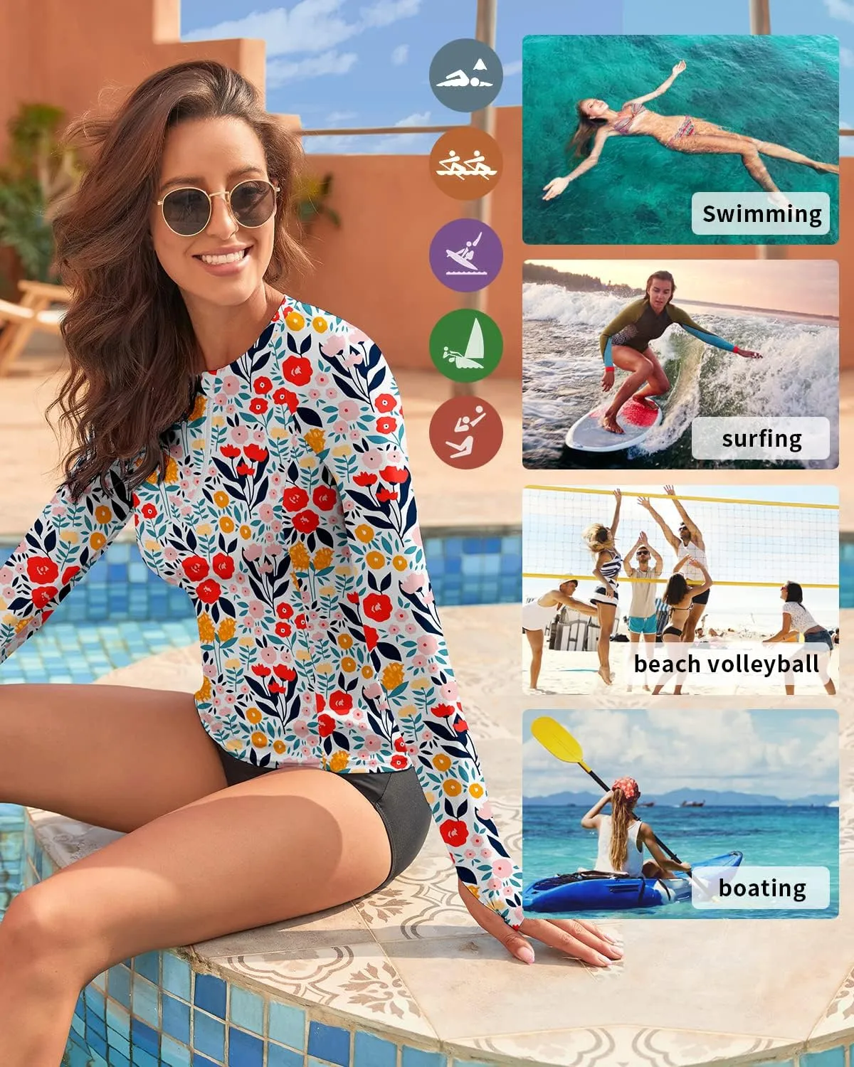 WOWENY Women's Rash Guard UPF 50  Long Sleeve Swim Shirts Thumb Holes UV Sun Protection Bathing Suit Swimsuit No Bottoms&Bras