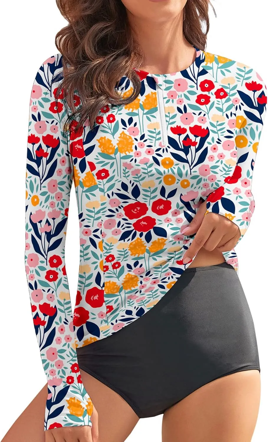 WOWENY Women's Rash Guard UPF 50  Long Sleeve Swim Shirts Thumb Holes UV Sun Protection Bathing Suit Swimsuit No Bottoms&Bras