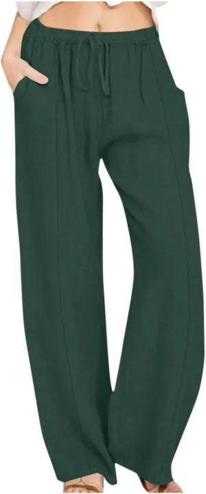 Xiaojmake Linen Pants Women Summer Boho Pants 2025 Casual Loose Drawstring Wide Leg Trousers High Waist Lounge Beach Pants