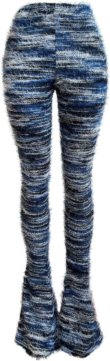XZLUFNY Women's Stacked Fuzzy Pants High Waisted Striped Knit Sweatpnts Leggings
