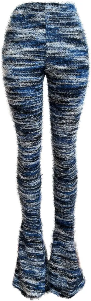 XZLUFNY Women's Stacked Fuzzy Pants High Waisted Striped Knit Sweatpnts Leggings