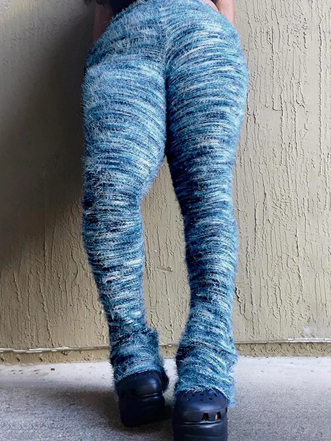 XZLUFNY Women's Stacked Fuzzy Pants High Waisted Striped Knit Sweatpnts Leggings