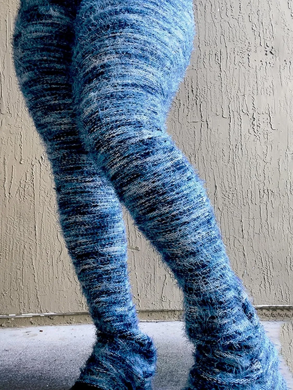 XZLUFNY Women's Stacked Fuzzy Pants High Waisted Striped Knit Sweatpnts Leggings