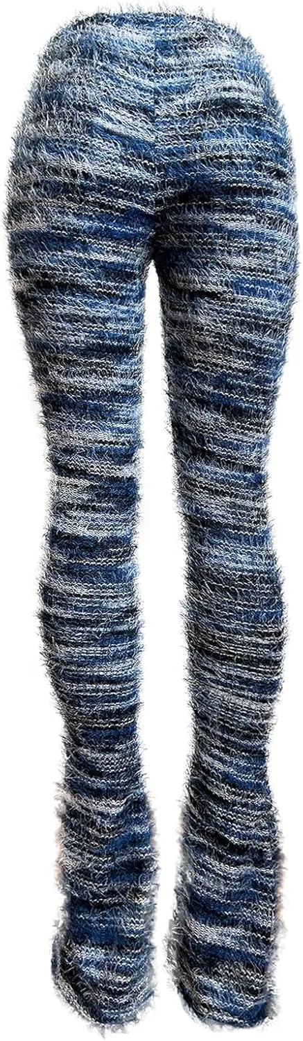 XZLUFNY Women's Stacked Fuzzy Pants High Waisted Striped Knit Sweatpnts Leggings