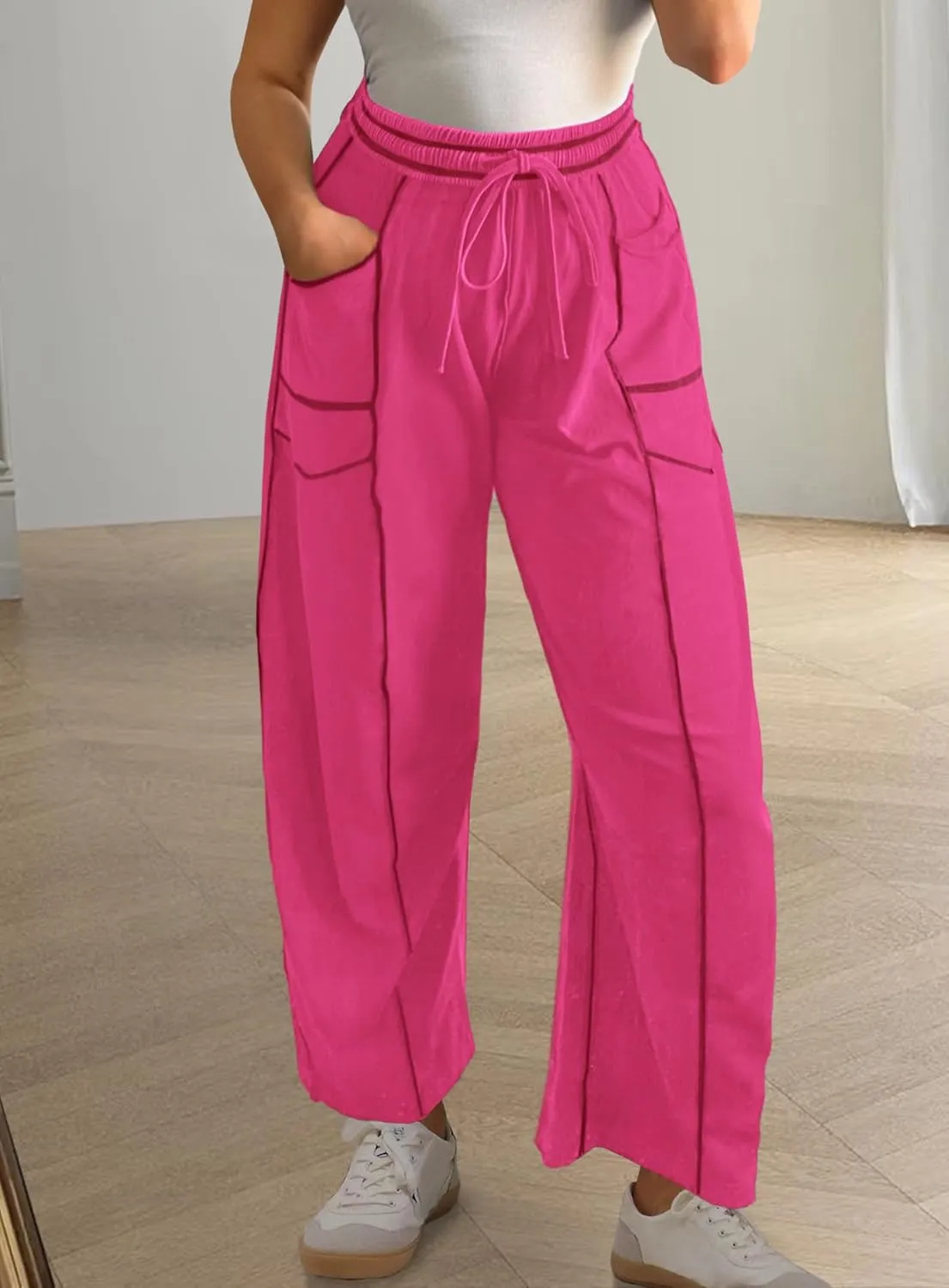 Yanekop Womens Baggy Wide Leg Pants Casual Summer Palazzo Pants Drawstring Waist Lounge Pants with Pockets