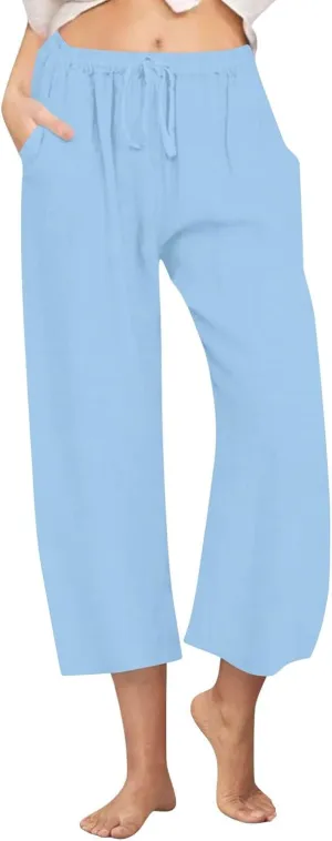 yardsong Capri Pants for Women Cotton Linen Summer Casual Cropped Pants Drawstring Elastic Waist Wide Leg Capris with Pockets