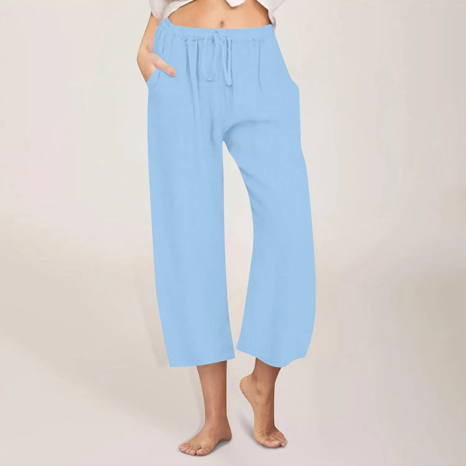 yardsong Capri Pants for Women Cotton Linen Summer Casual Cropped Pants Drawstring Elastic Waist Wide Leg Capris with Pockets