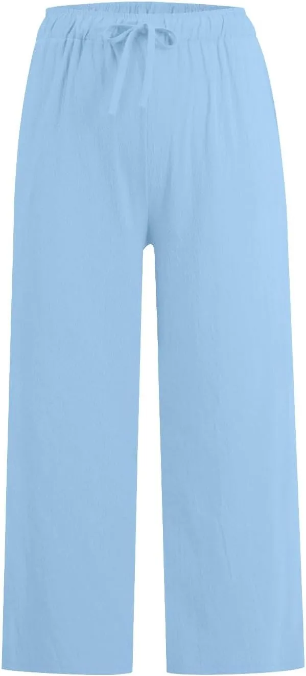 yardsong Capri Pants for Women Cotton Linen Summer Casual Cropped Pants Drawstring Elastic Waist Wide Leg Capris with Pockets