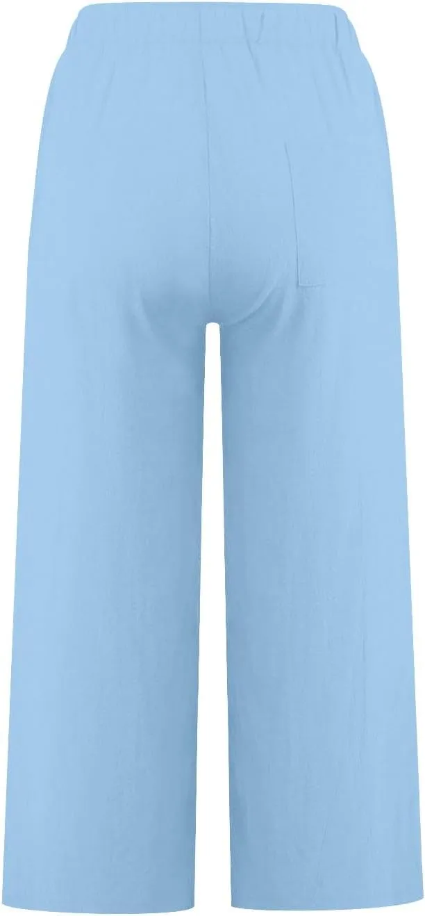 yardsong Capri Pants for Women Cotton Linen Summer Casual Cropped Pants Drawstring Elastic Waist Wide Leg Capris with Pockets