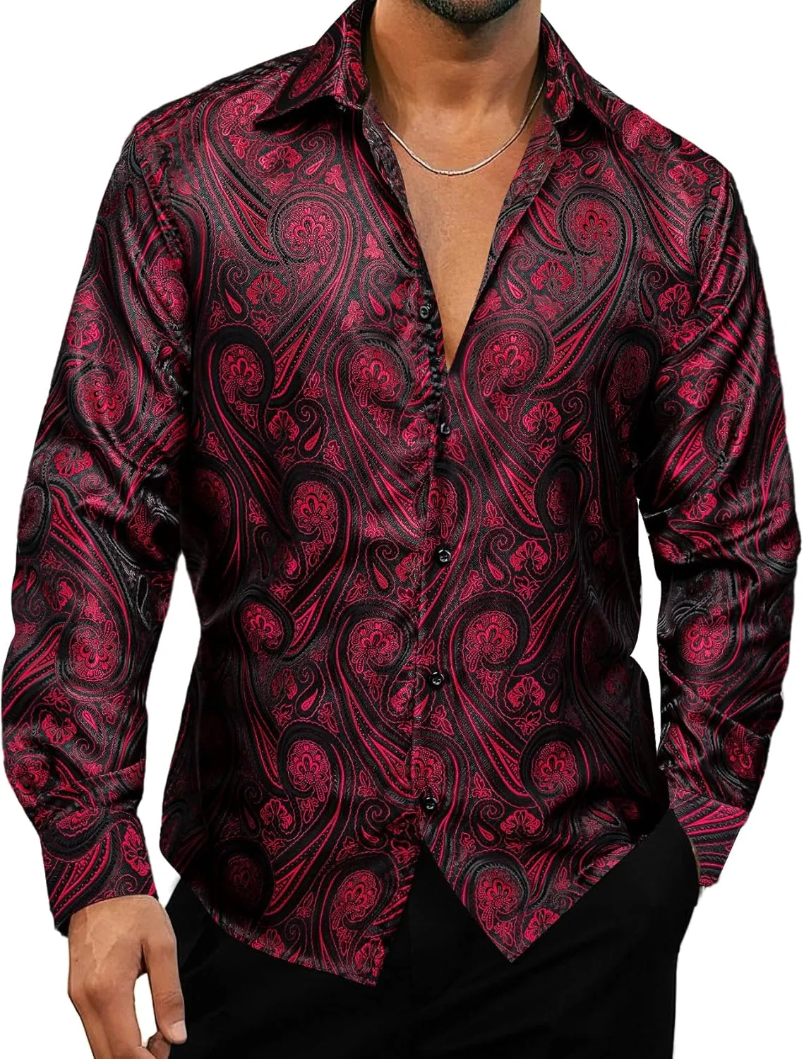 YOHOWA Men's Paisley Shirt Silk Jacquard Dress Long Sleeve Button Down Shirts Casual Mexico Western Disco Party Wedding Prom