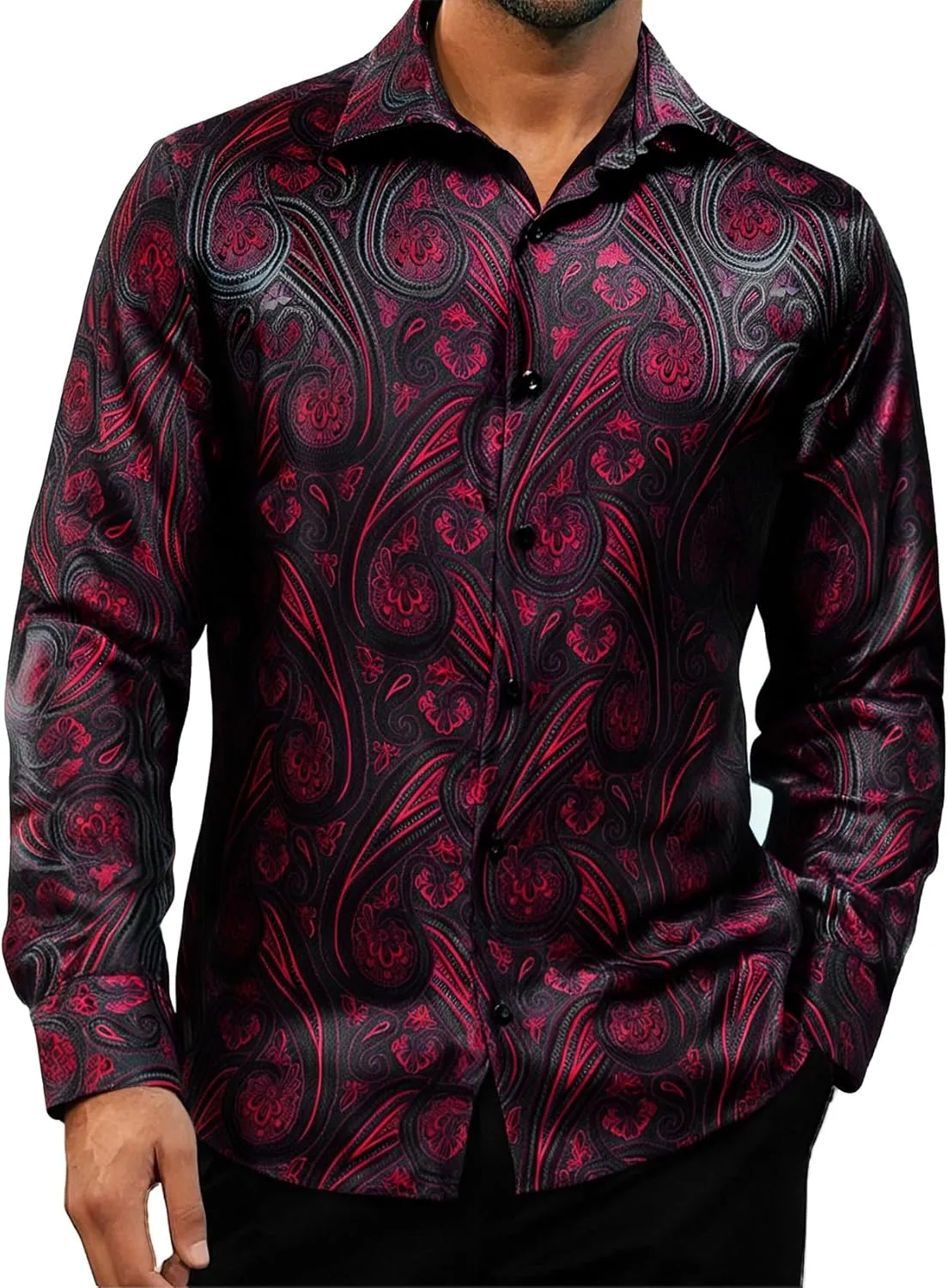YOHOWA Men's Paisley Shirt Silk Jacquard Dress Long Sleeve Button Down Shirts Casual Mexico Western Disco Party Wedding Prom