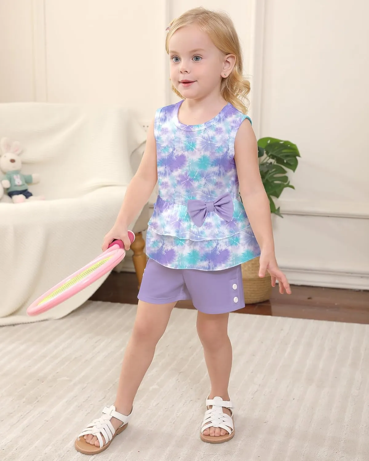 YUEMION Toddler Girl Clothes, 2Pcs Baby Girl Summer Outfits Sleeveless Bow Knot Tank Shirts Tops   Shorts Clothing Sets 1-5T