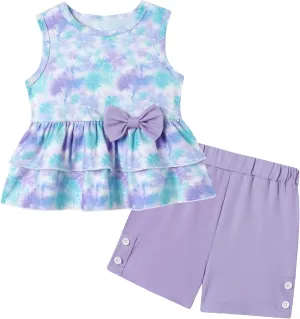 YUEMION Toddler Girl Clothes, 2Pcs Baby Girl Summer Outfits Sleeveless Bow Knot Tank Shirts Tops   Shorts Clothing Sets 1-5T