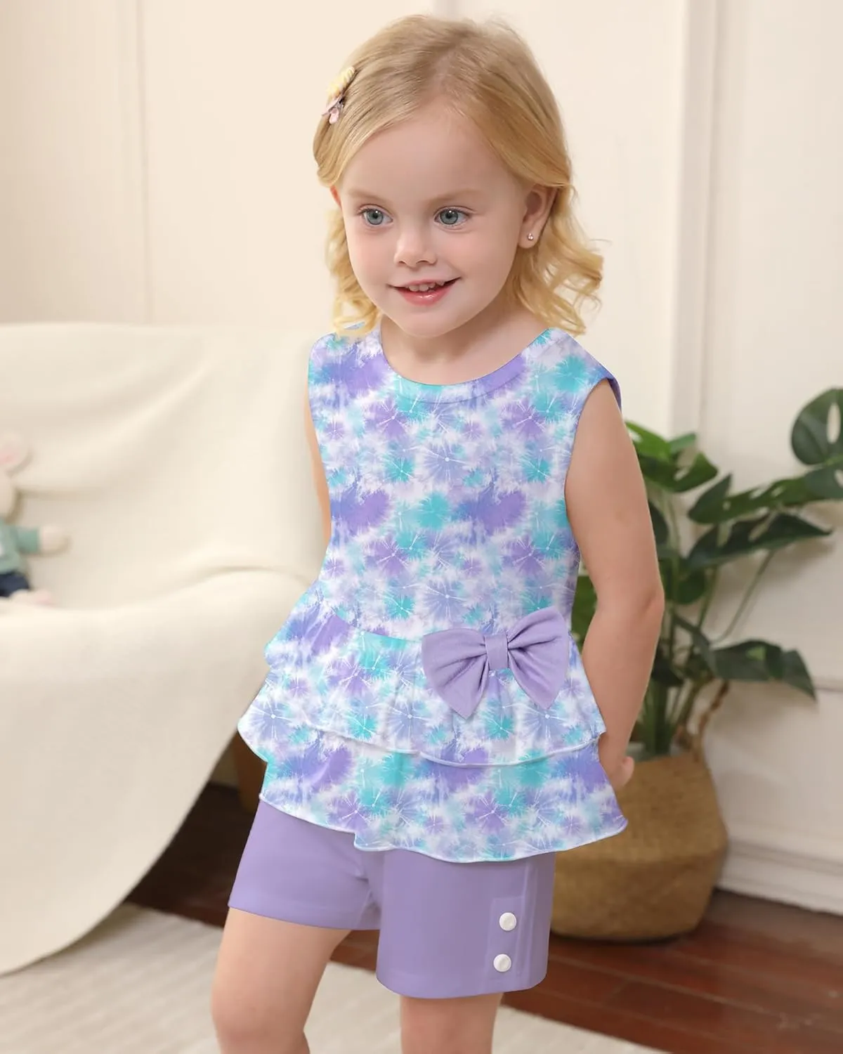 YUEMION Toddler Girl Clothes, 2Pcs Baby Girl Summer Outfits Sleeveless Bow Knot Tank Shirts Tops   Shorts Clothing Sets 1-5T
