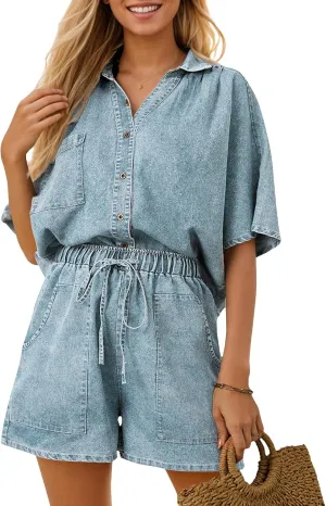 Zilcremo Womens 2 Piece Outfits Summer Denim Sets Short Sleeve Button Down Crop Jean Shirts High Waist Denim Shorts Sets