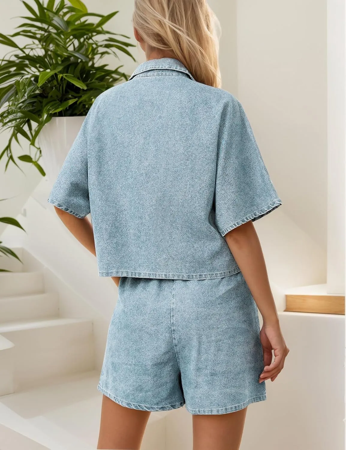 Zilcremo Womens 2 Piece Outfits Summer Denim Sets Short Sleeve Button Down Crop Jean Shirts High Waist Denim Shorts Sets
