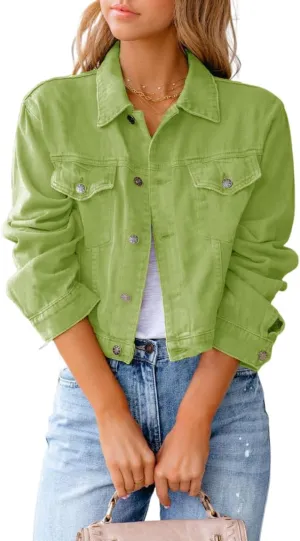 ZOCAVIA Womens Denim Jacket Casual Stretch Long Sleeve Button down Jean Jacket Lapel Cropped Denim Coat with Pockets