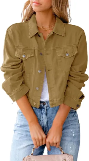 ZOCAVIA Womens Denim Jacket Casual Stretch Long Sleeve Button down Jean Jacket Lapel Cropped Denim Coat with Pockets