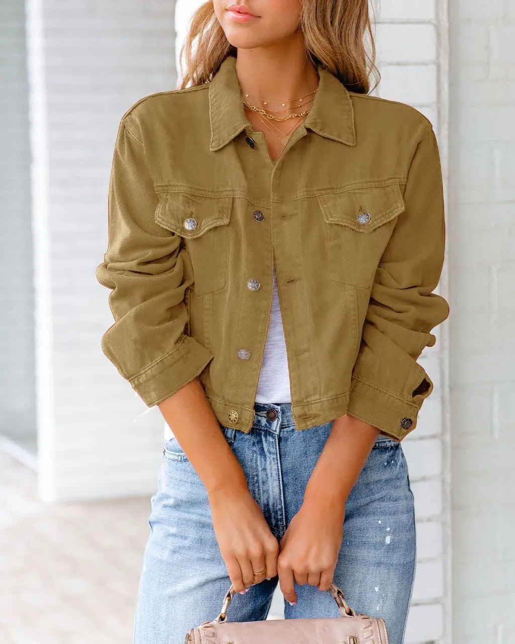 ZOCAVIA Womens Denim Jacket Casual Stretch Long Sleeve Button down Jean Jacket Lapel Cropped Denim Coat with Pockets