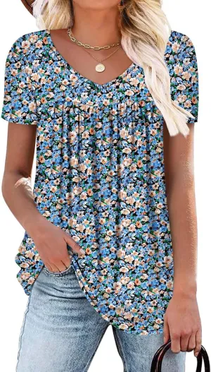 ZOLUCKY Womens Plus Size Short Sleeve Boho Tops Trendy Shirts Loose Fit Blouse Summer Tunic Top for Women S-3XL