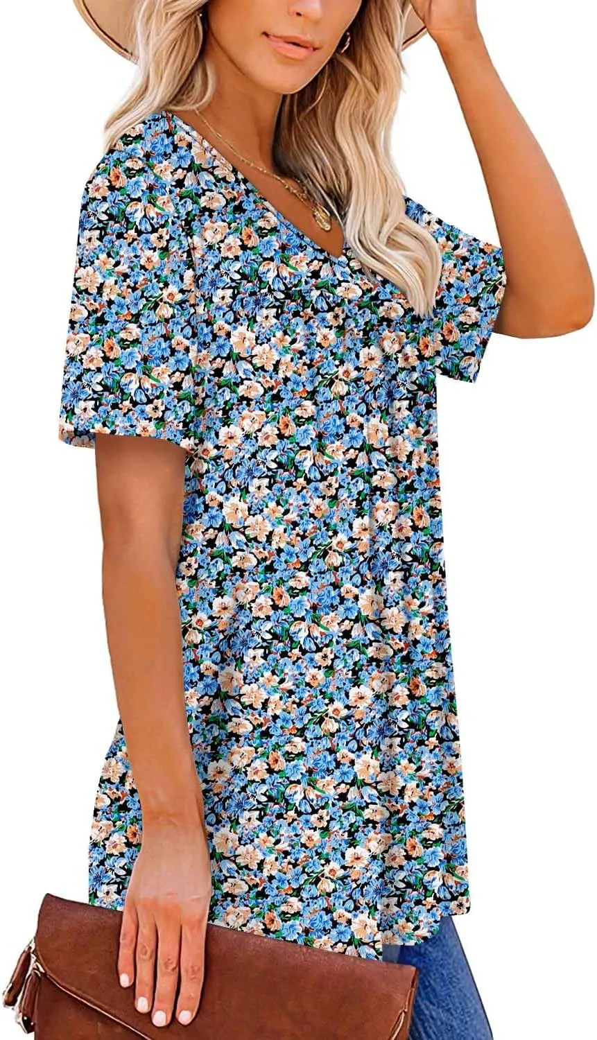ZOLUCKY Womens Plus Size Short Sleeve Boho Tops Trendy Shirts Loose Fit Blouse Summer Tunic Top for Women S-3XL
