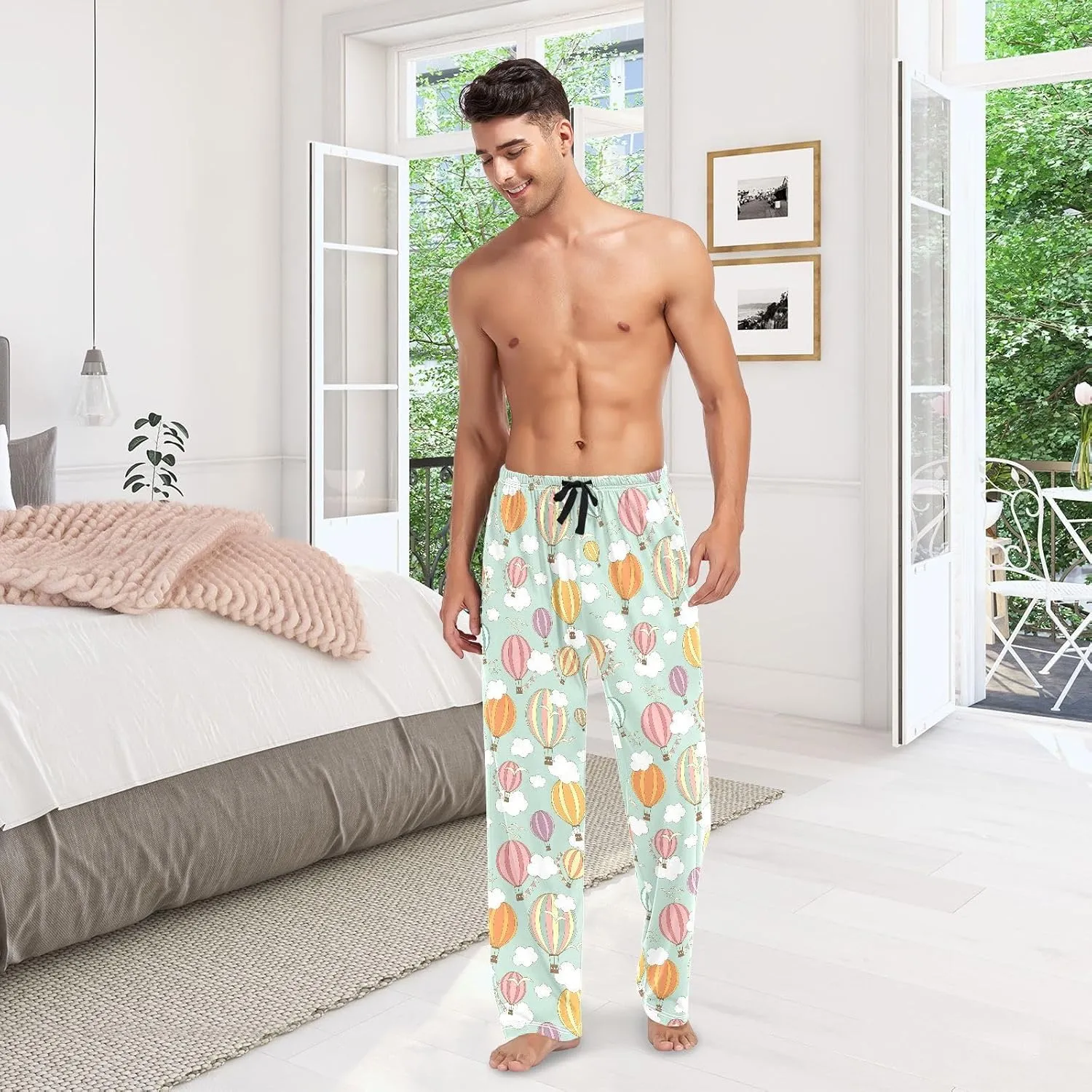ZZKKO Pajamas Pants for Men Striped Hot Air Balloon Men's Pajama Bottoms 100% Cotton PJ Pants for Mens S-XXL